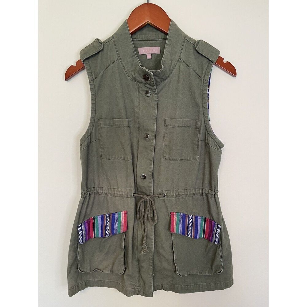 Harper Cargo Vest Olive Sleeveless Green Army Boho Size M Safari Colorful Pocket